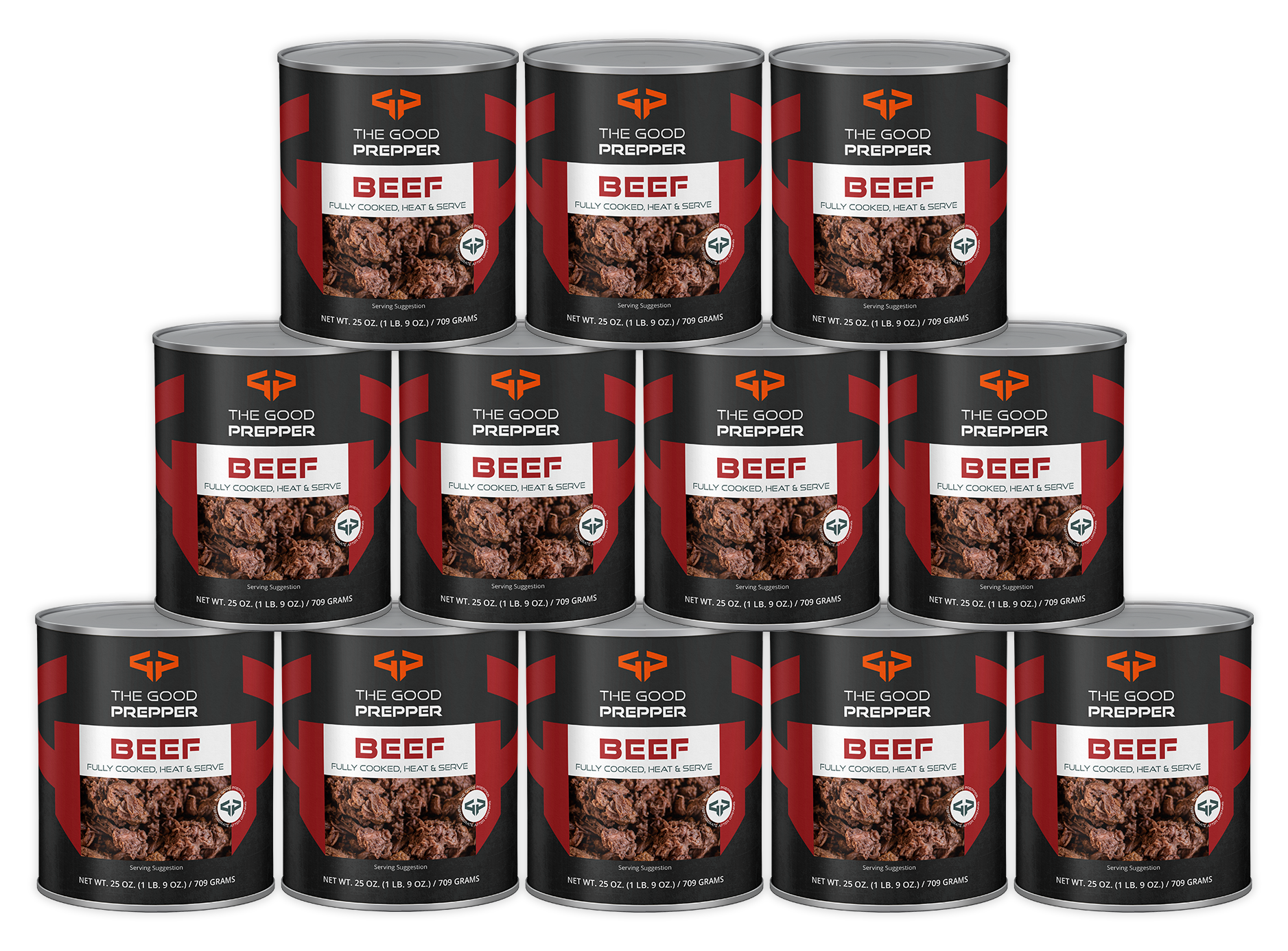 Combination between Guarantee badge and pyramidal-stacked beef cans